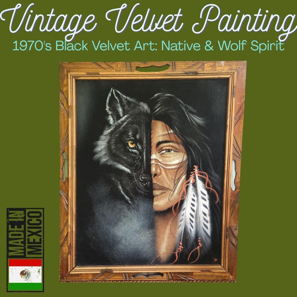 Handmade Black Velvet Wolf Painting | Native Spirit Animal Wall Art | Mexican